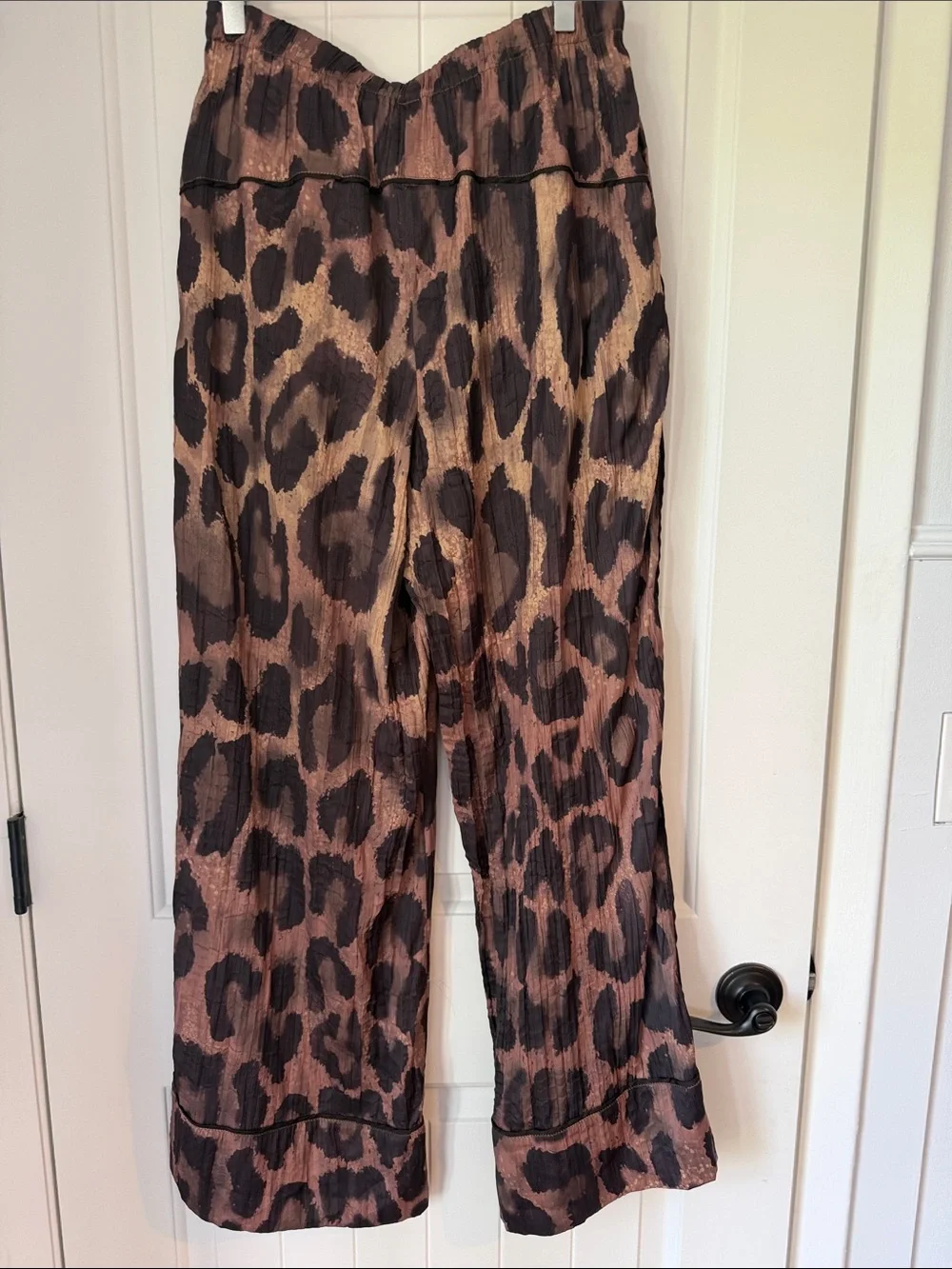 NWT Free People All Out Satin Brown & Black Leopard Wide-Leg Pants  M